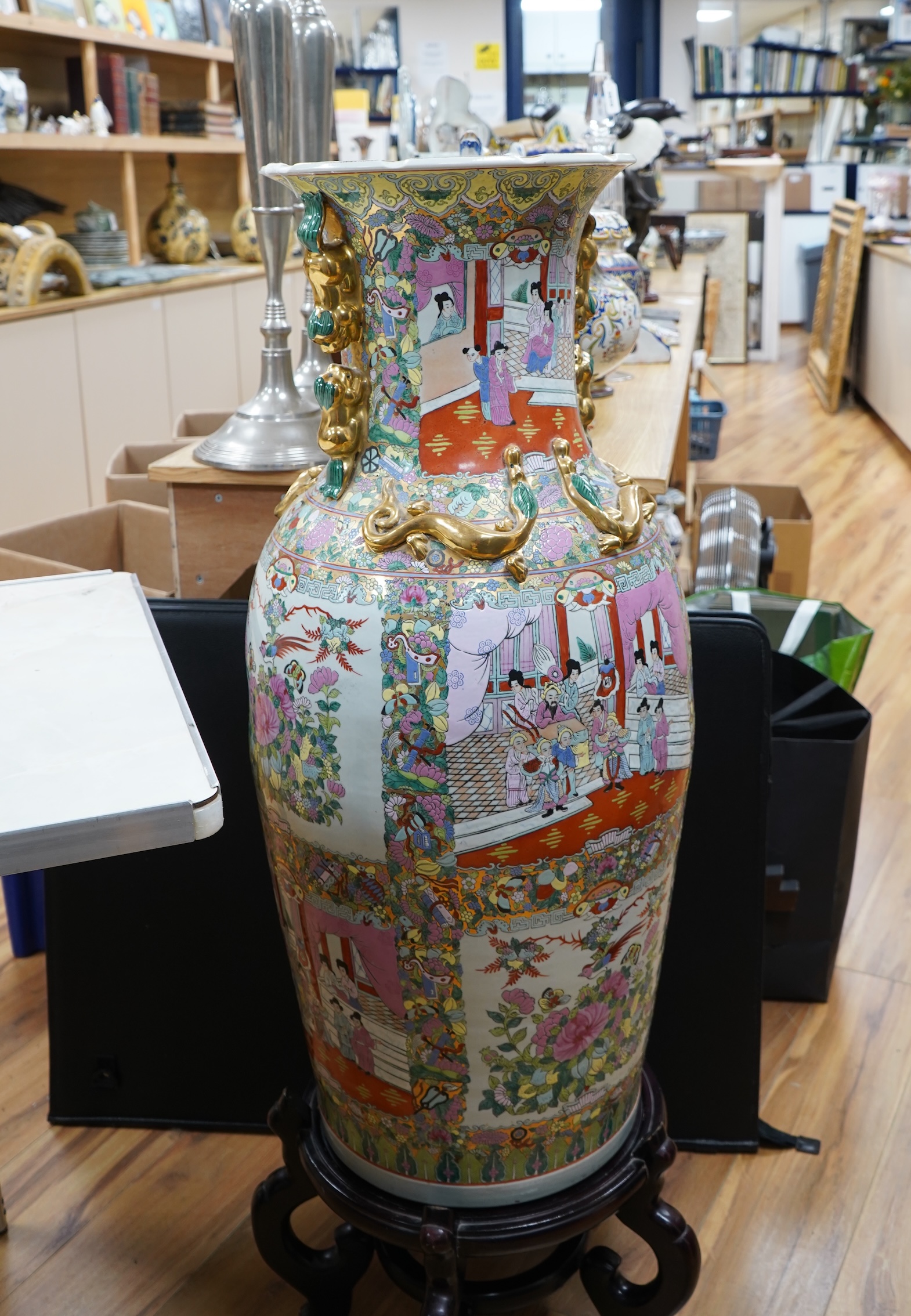 A large Chinese famille rose vase on stand, 118cm high including stand.